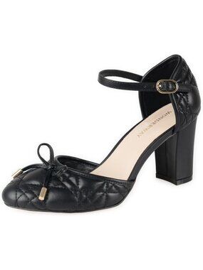 Women's Black Chunky Block Heel Pumps, Bow Ankle Strap Closed Toe High Heels